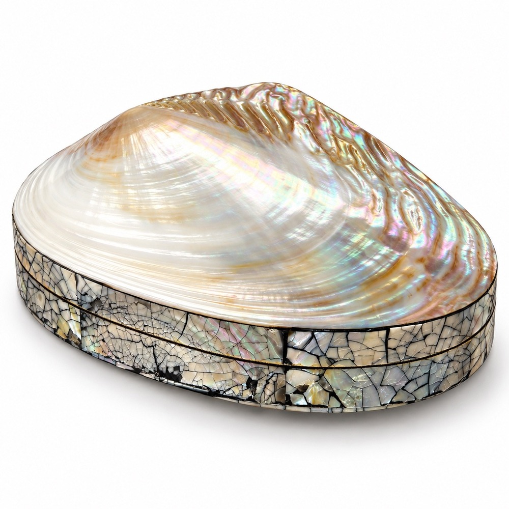 Large Mother of Pearl Abalone Shell Jewelry Box Velvet Lined Coastal Trinket